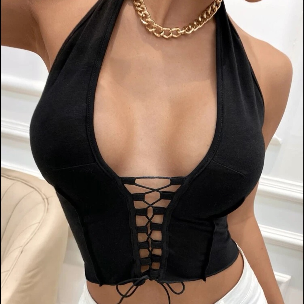 Black tie halter crop top